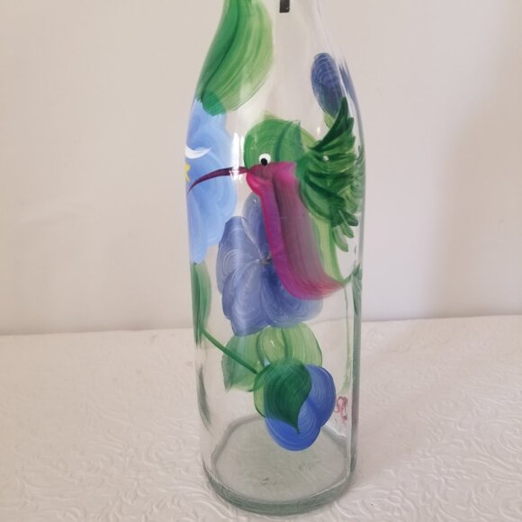 Vtg 9" Hand Painted Floral Hummingbird Clear Glass Olive Oil Dispenser 12.7 oz - Picture 2 of 13